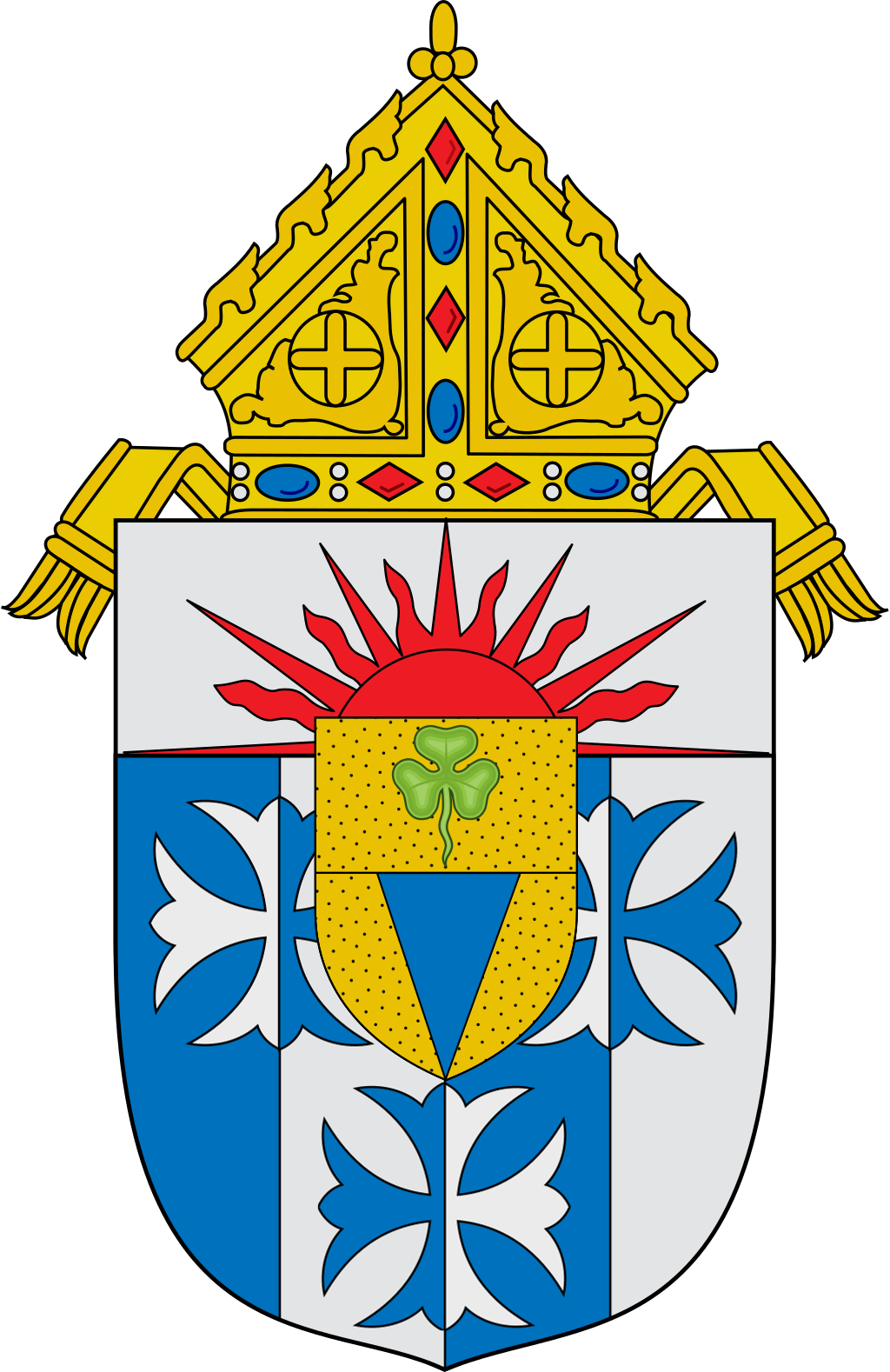 Heraldic shield with blue-and-white quartering, red rays, and a gold bishop&rsquo;s mitre atop