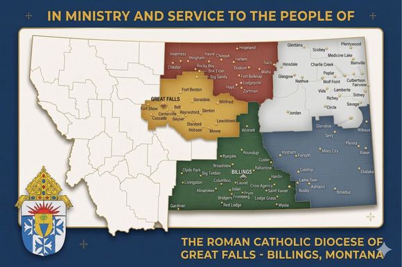 Map of the Roman Catholic Diocese of Great Falls-Billings, Montana, with colored regions and diocesan crest