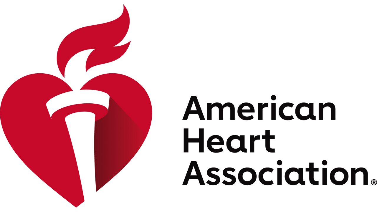 The logo for the american heart association is a red heart with a torch on it.