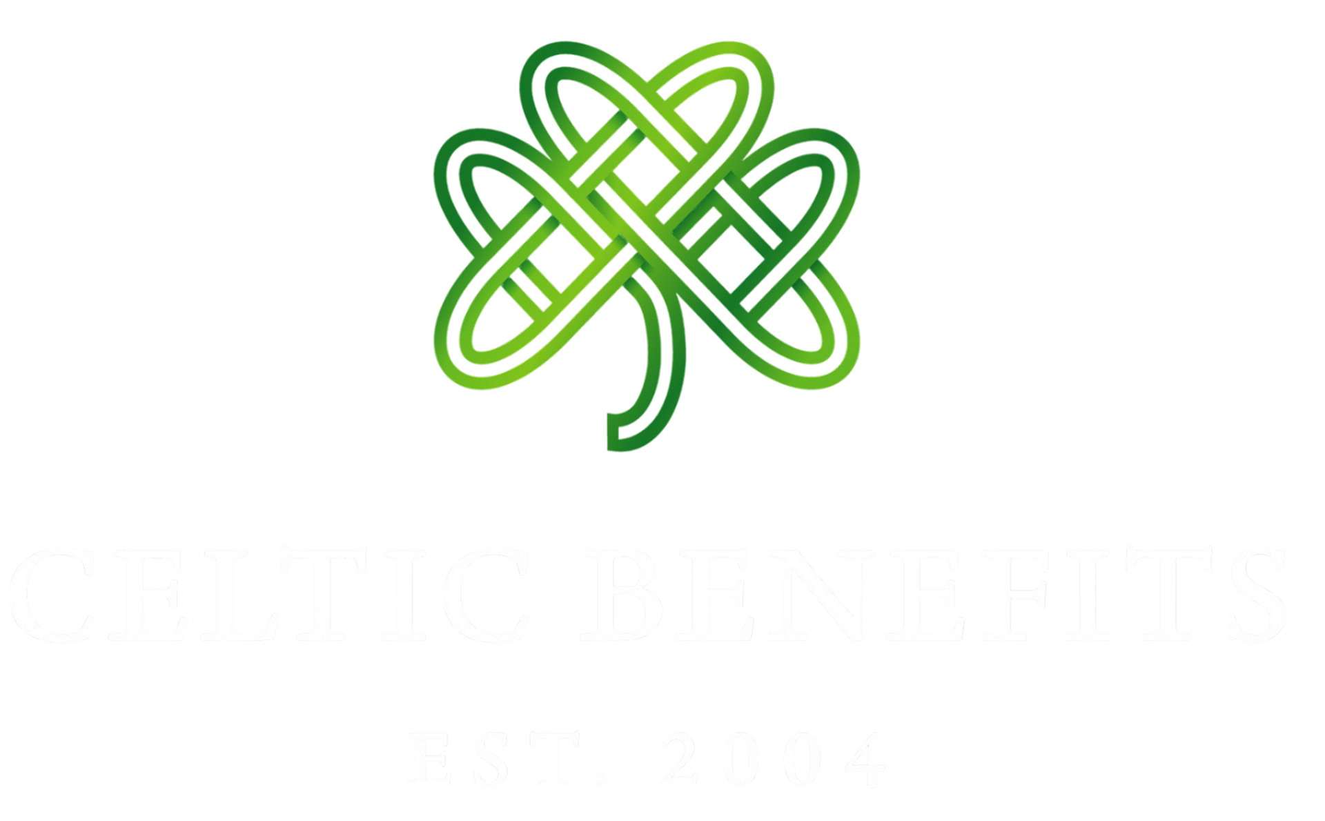 A green celtic knot in the shape of a shamrock on a white background.