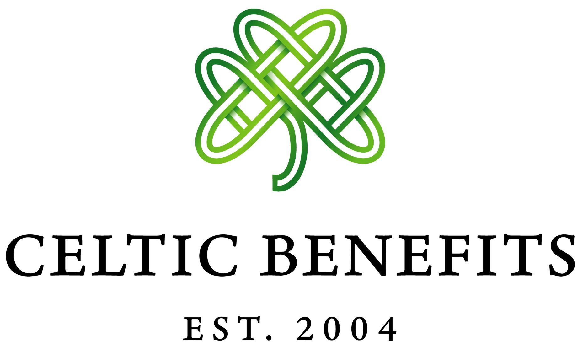 The logo for celtic benefits is a green shamrock with a celtic knot.
