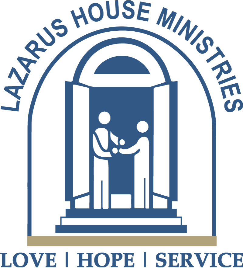 The logo for the lazarus house ministries shows two people shaking hands in front of a door.