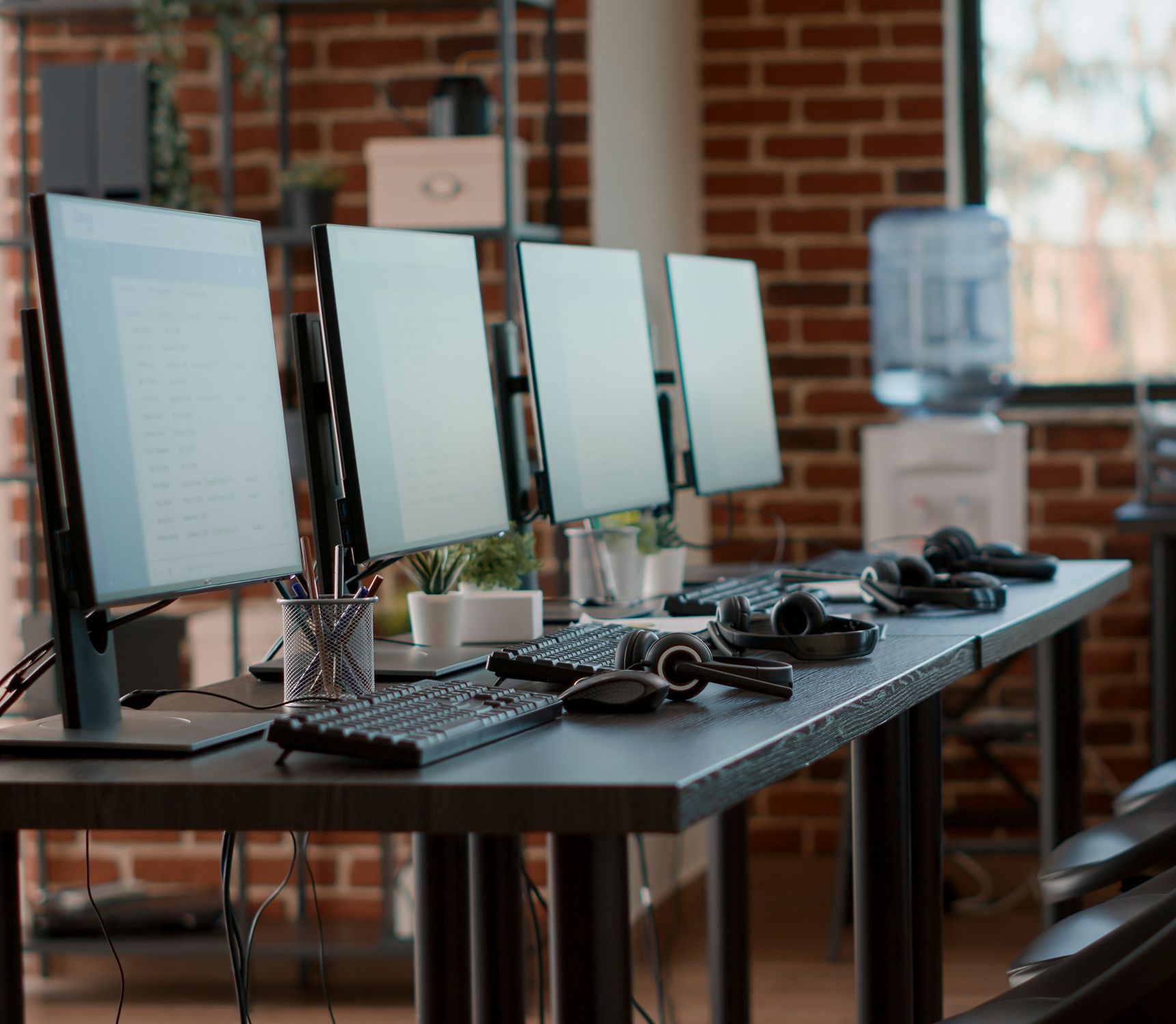 A row of computer monitors and keyboards on a desk in an office.