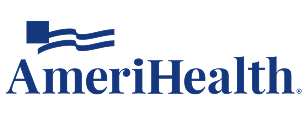 The amerihealth logo is blue and white with a flag on it.