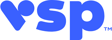 A blue vsp logo on a white background