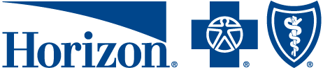A blue horizon logo with a medical cross and shield