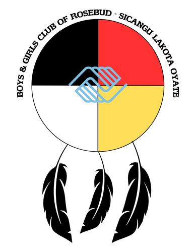 Boys & Girls Club logo: Four-color circle with feathers, Lakota text, and logo overlay.
