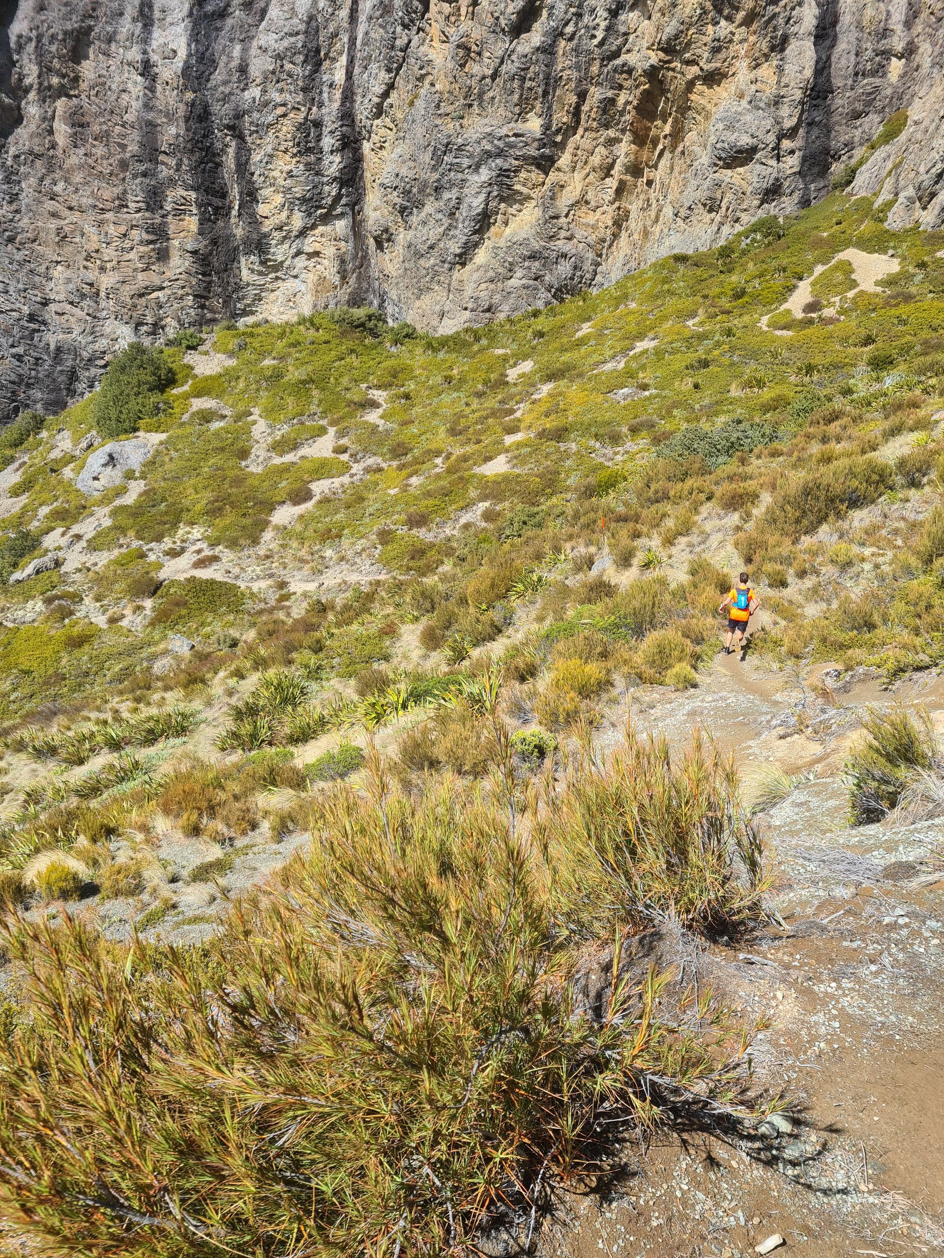 A person is walking down a dirt path in the mountains.