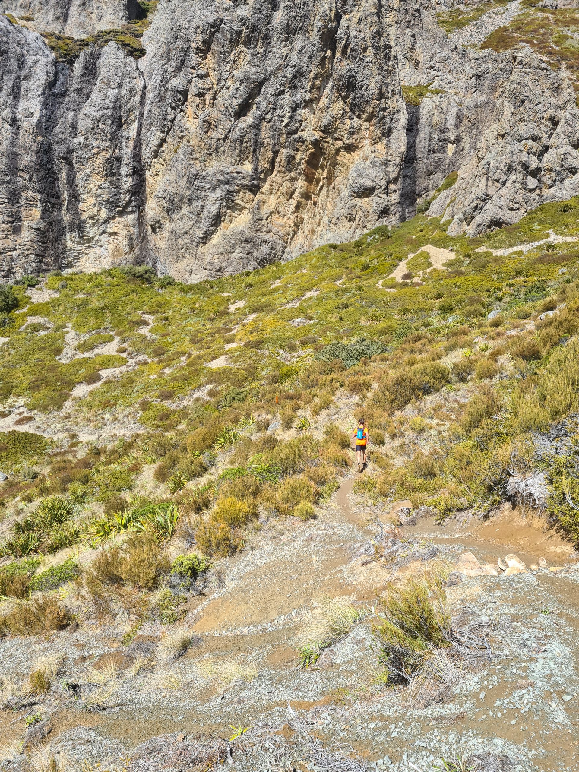 A person is walking down a dirt path in the mountains.