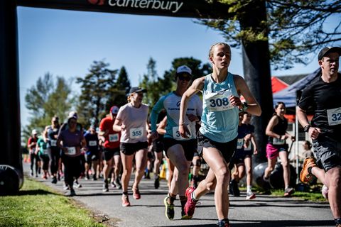 A group of people are running in a race.