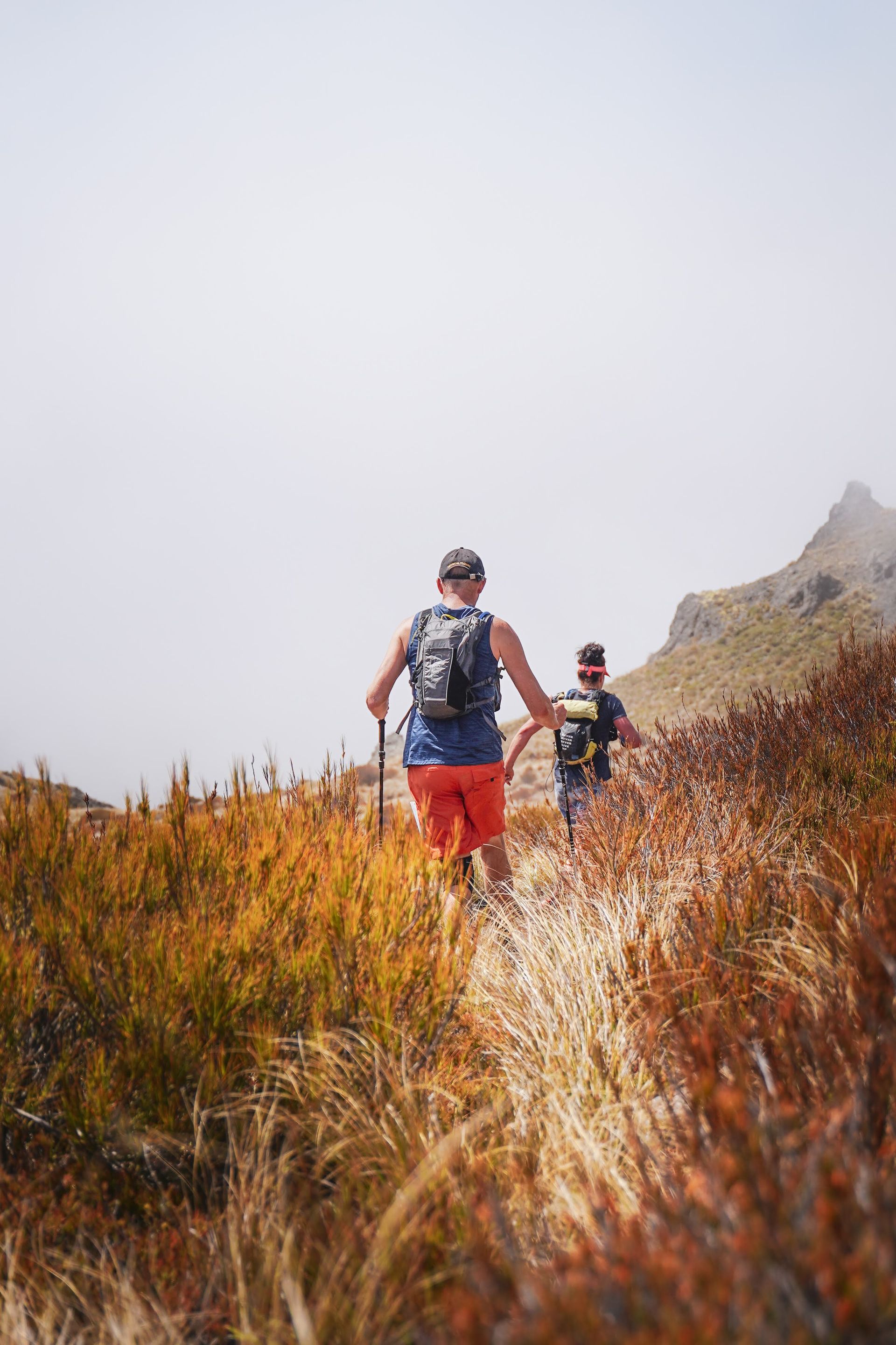 Two people are hiking on a trail in the mountains.