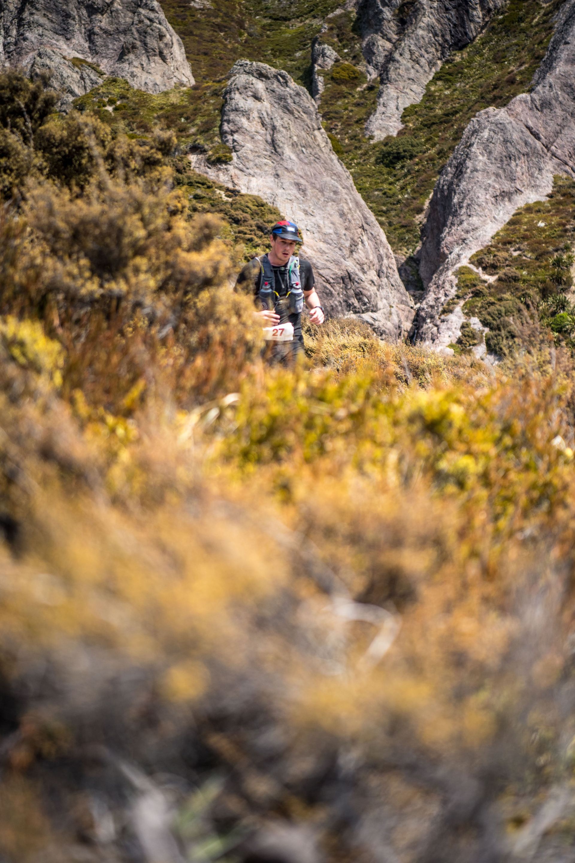 A man is standing in the middle of a field in the mountains.