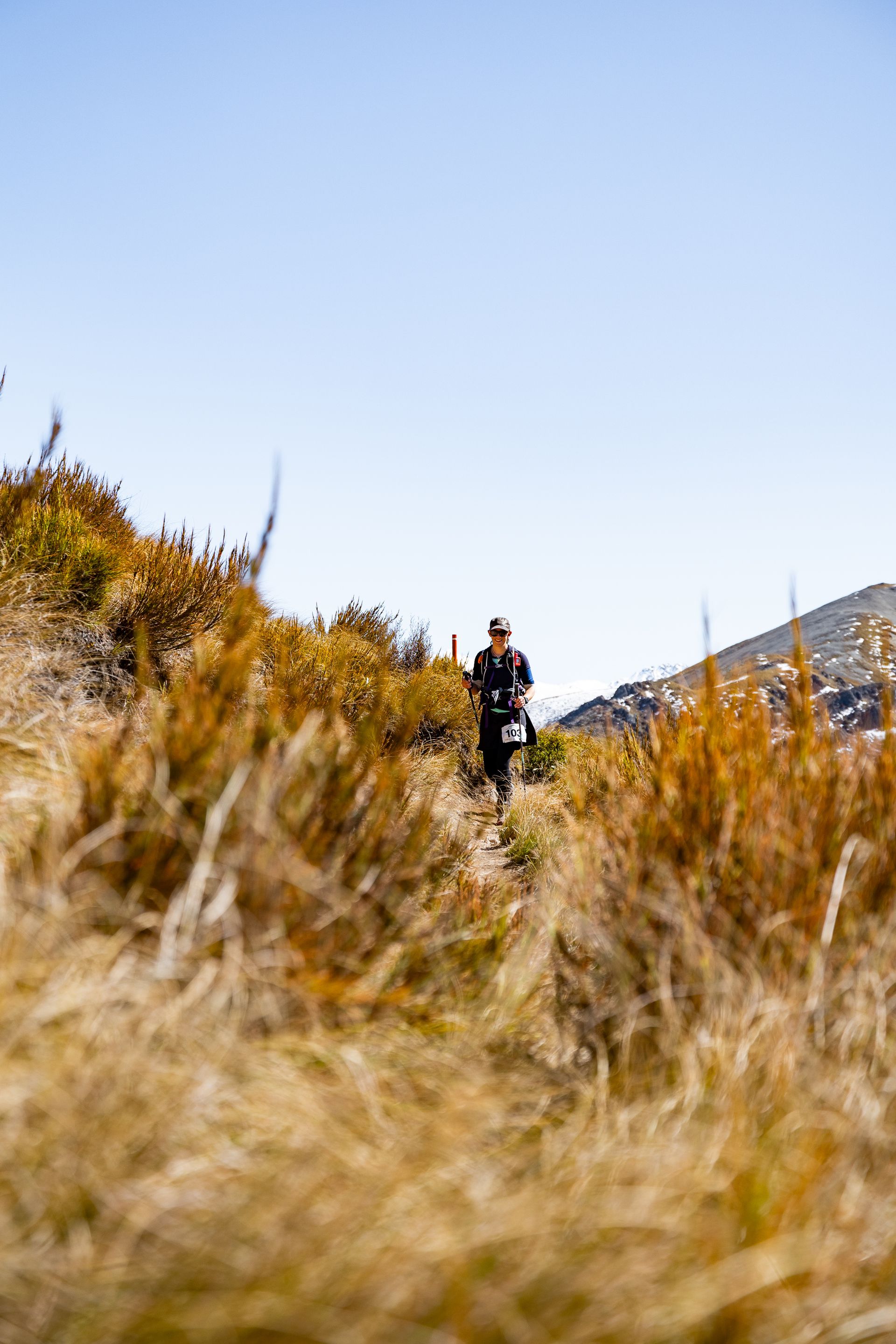 A person is walking through a field of tall grass.
