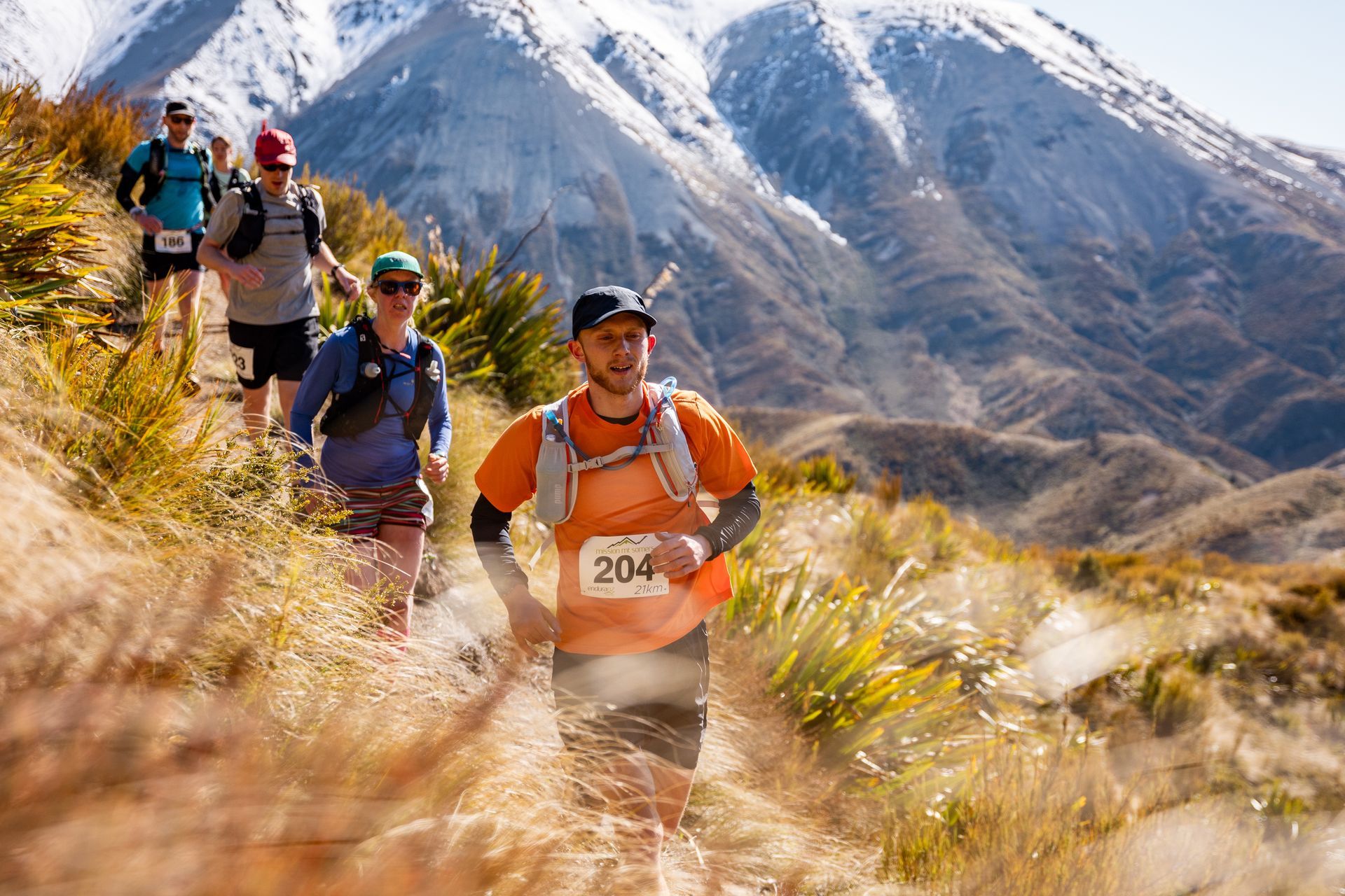 A group of people are running on a trail in the mountains.