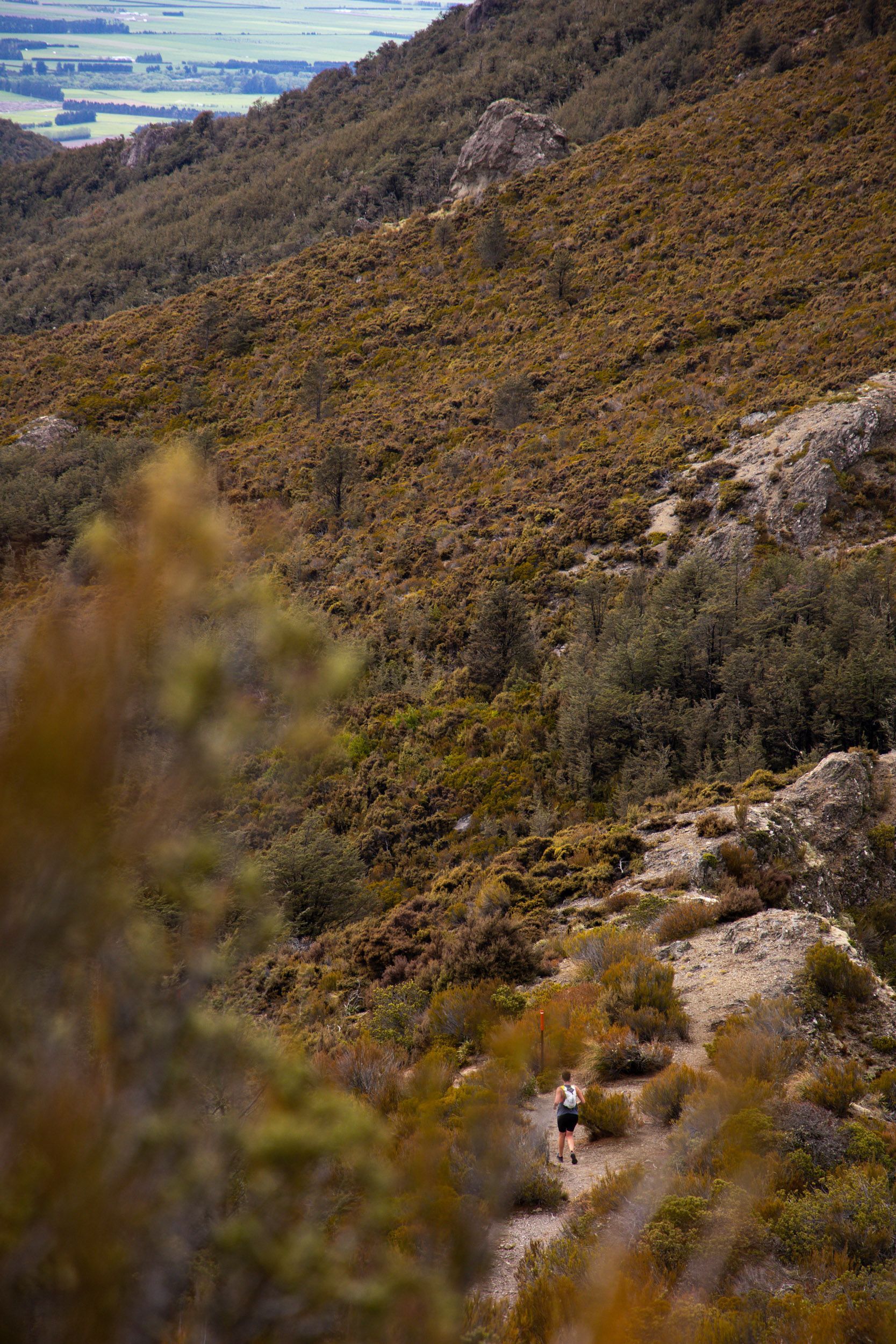 A person is walking on a trail in the mountains.