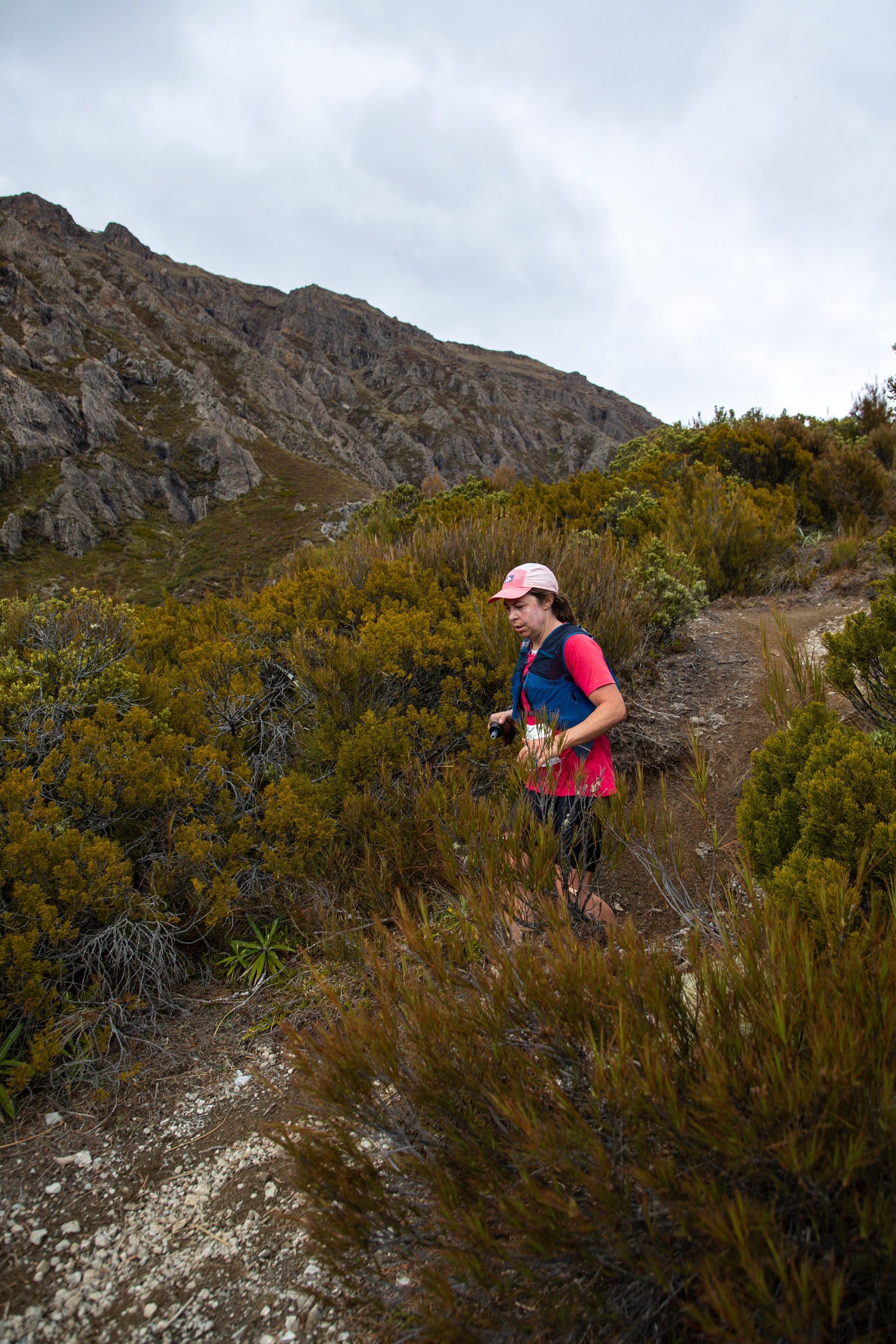 A person is walking on a trail in the woods.