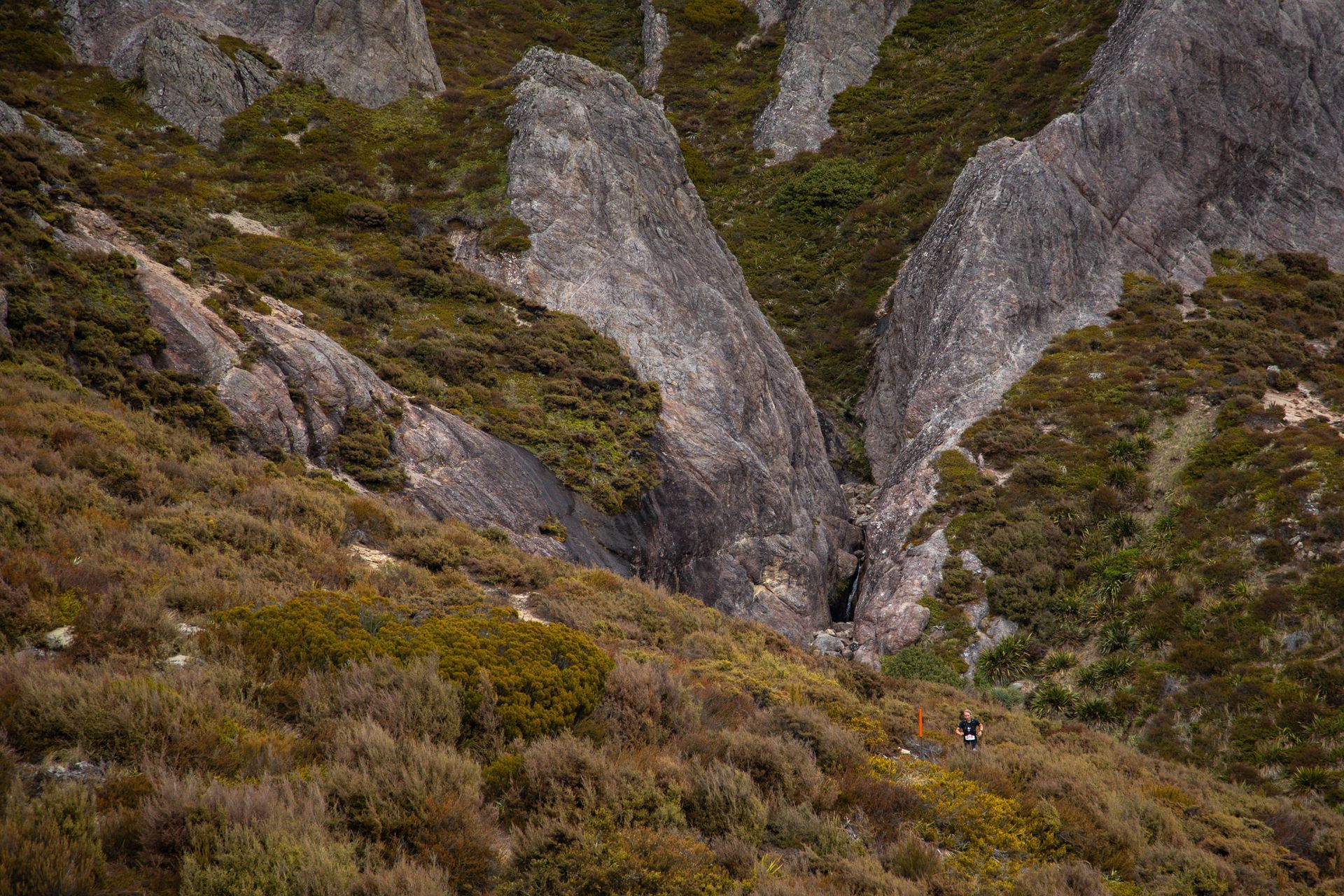 A person is riding a bike on a trail in the mountains.