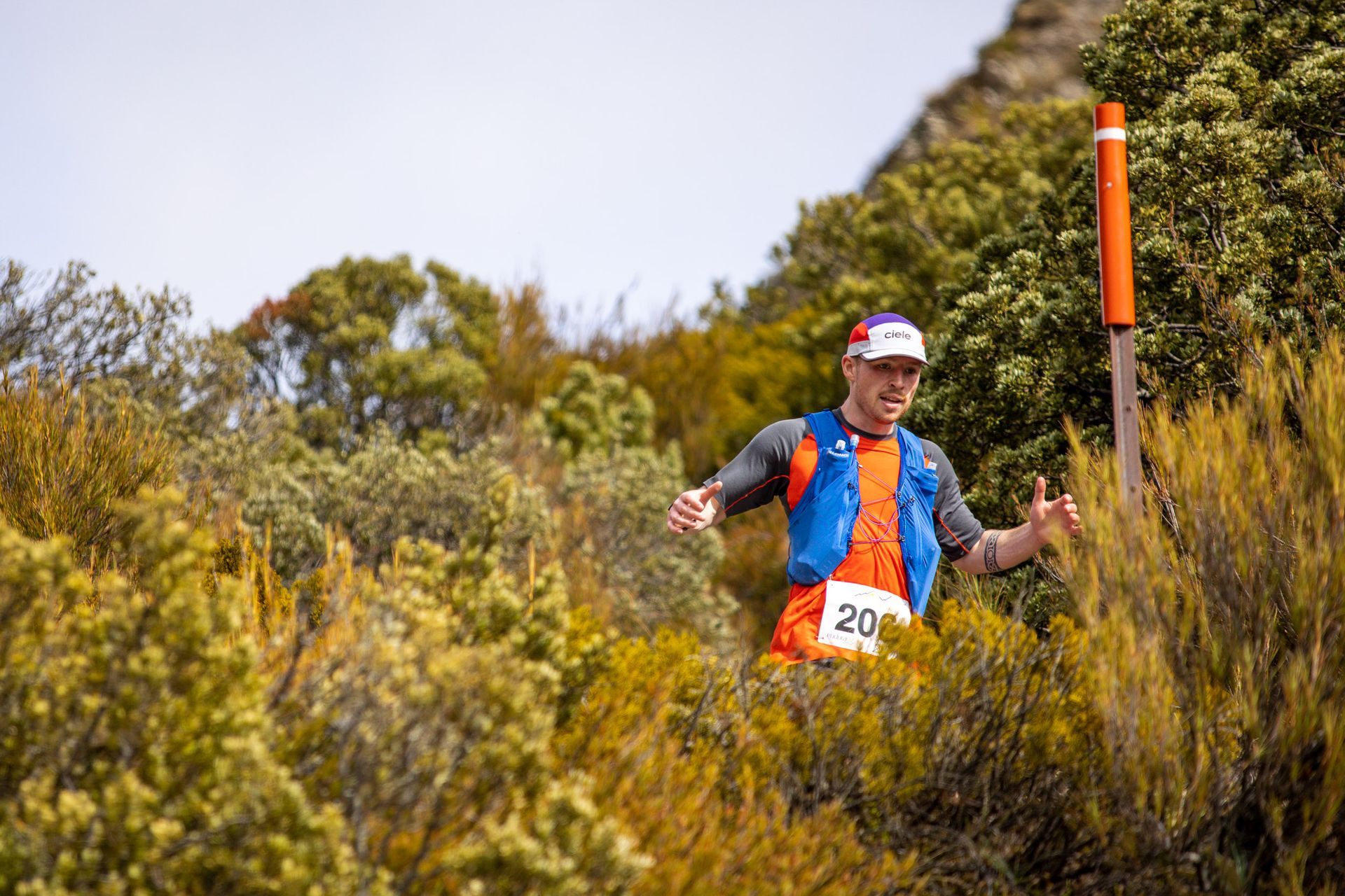 A man is running on a trail in the woods.