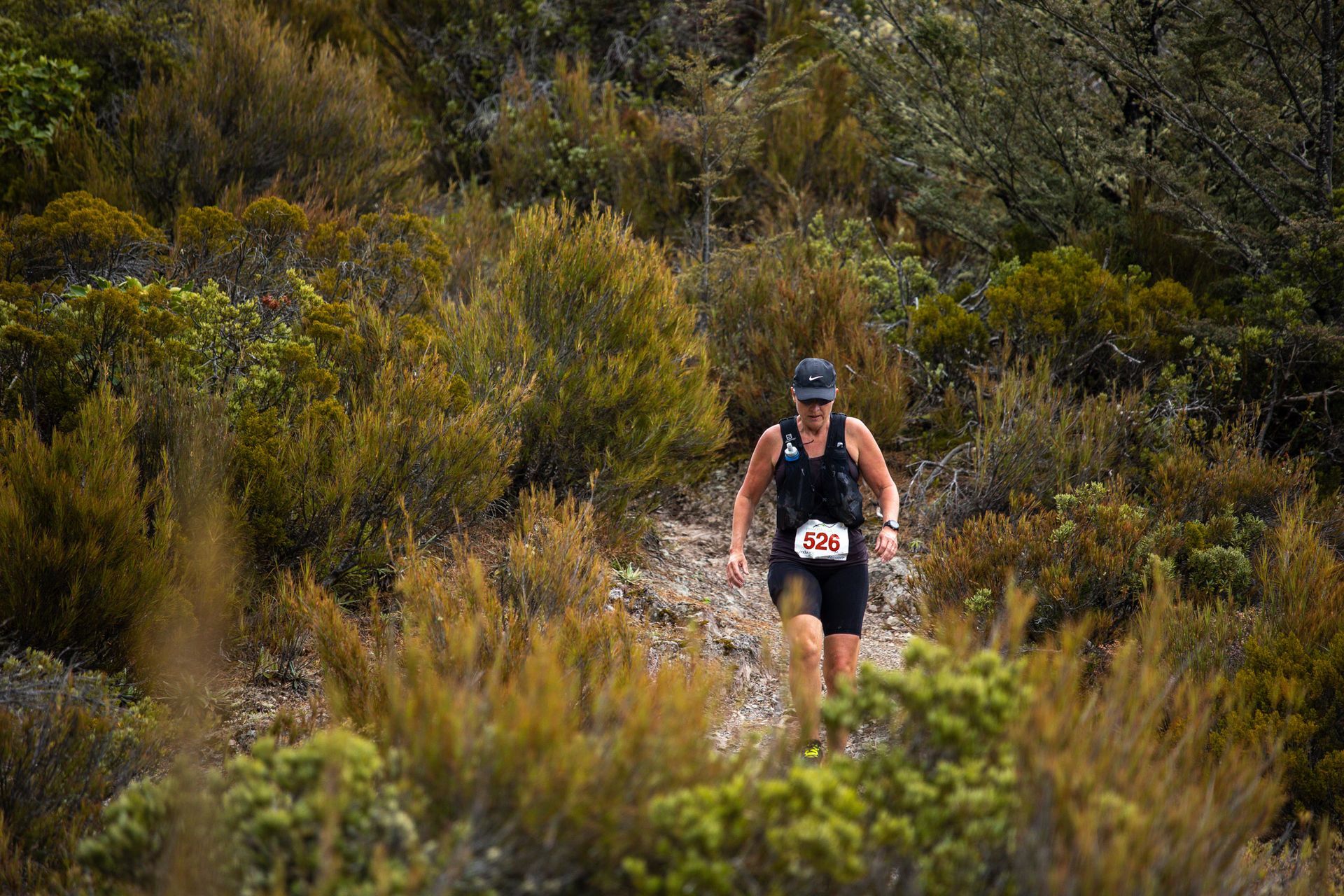A man is running down a trail in the woods.