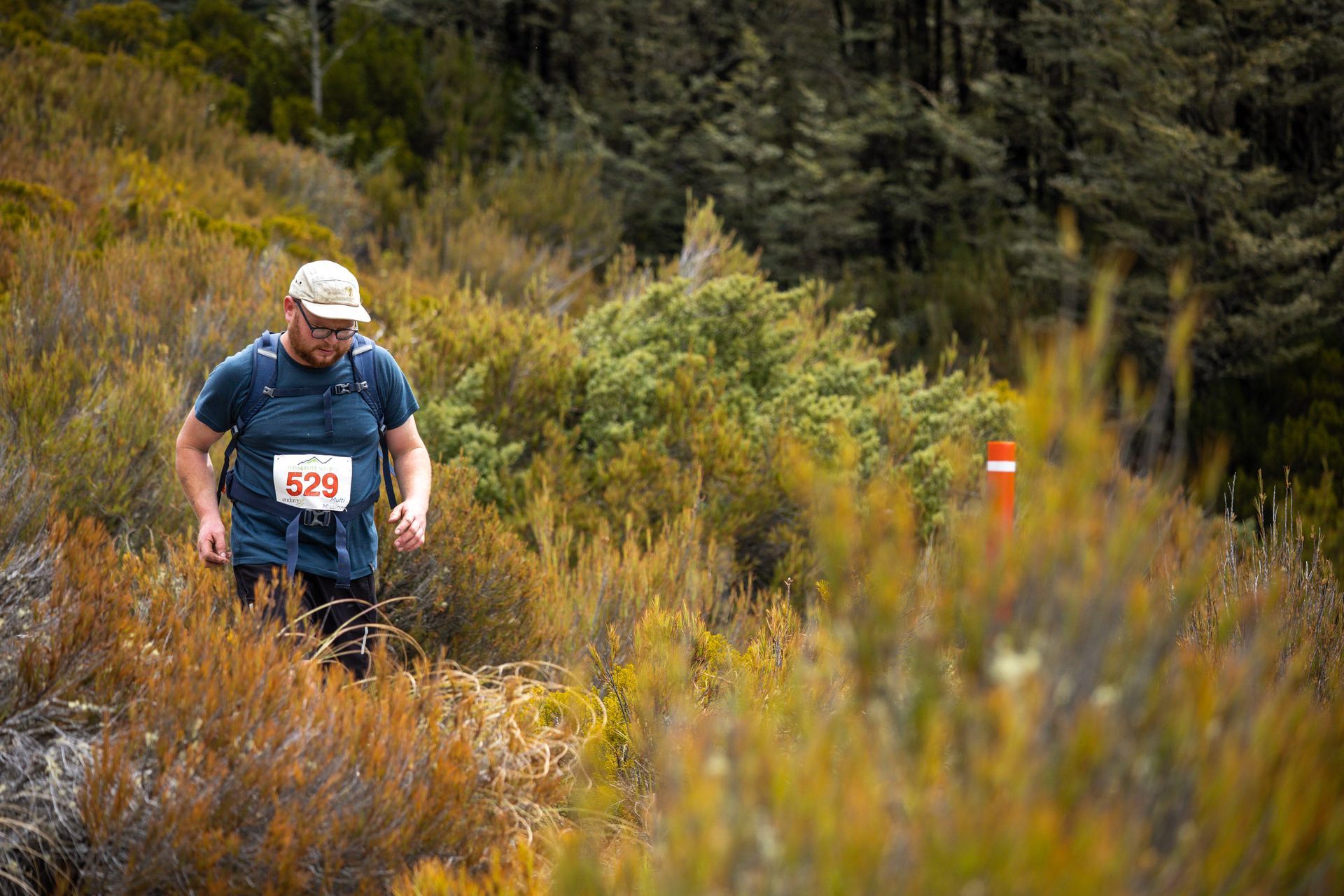 A man is running on a trail in the woods.