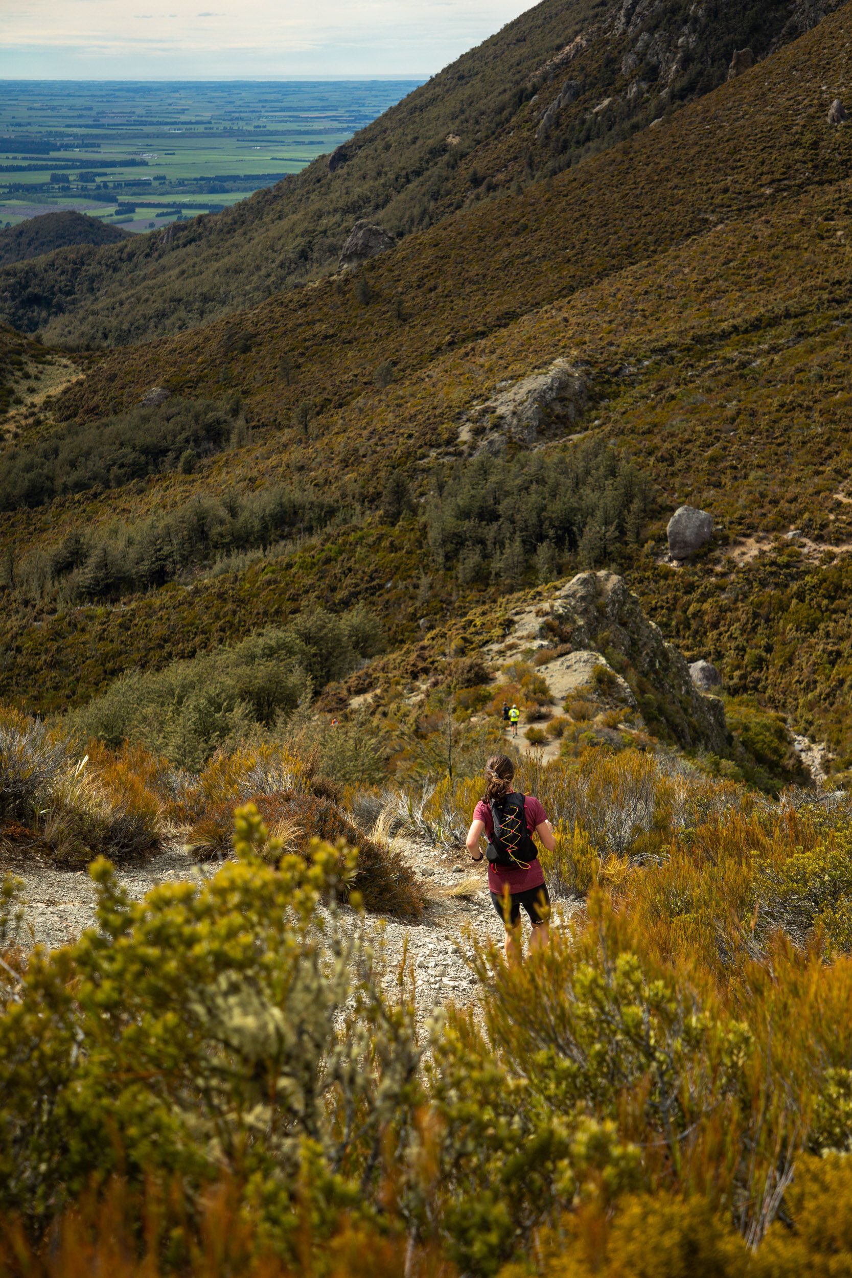 A person is hiking up a hill on a trail.
