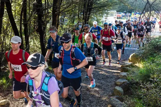 A group of people are running on a trail in the woods.