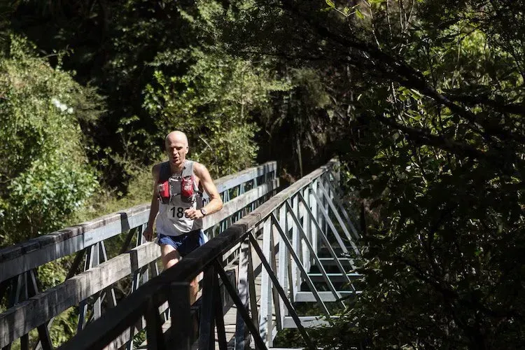 A man is running across a bridge in the woods.