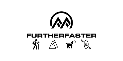 A black and white logo for furtherfaster with a mountain , a man , a dog , and a compass.