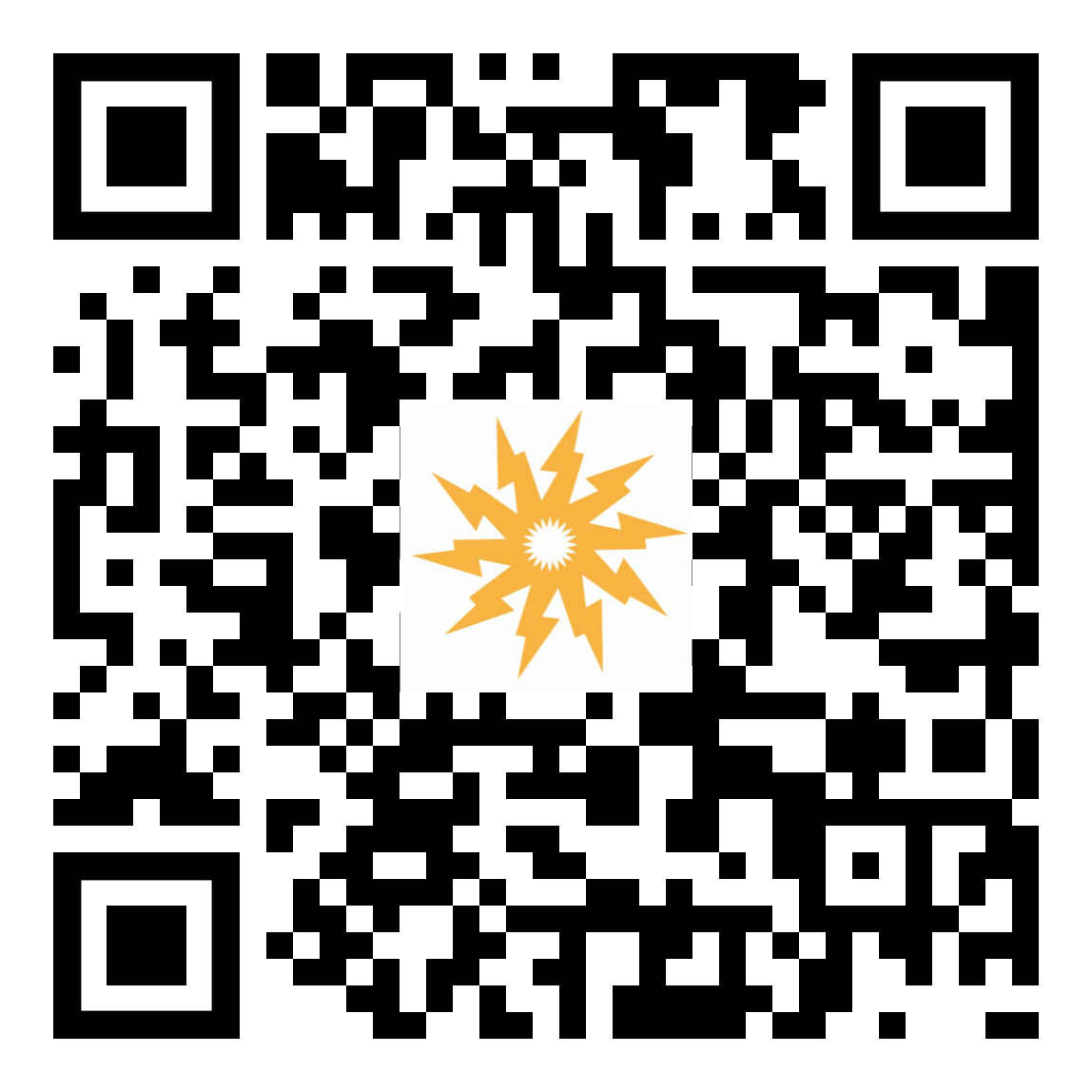 QR code with a stylized yellow sunburst icon at its center. QR code with a stylized yellow sunburst icon at its center.