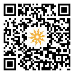 QR code with a stylized yellow sunburst icon at its center. QR code with a stylized yellow sunburst icon at its center.