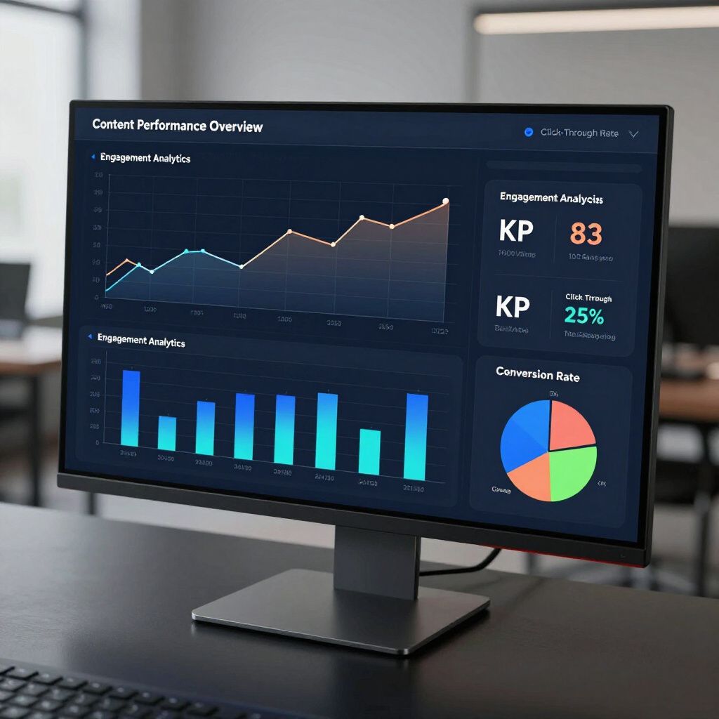 Desktop monitor displaying content performance overview with graphs and charts in an office setting.