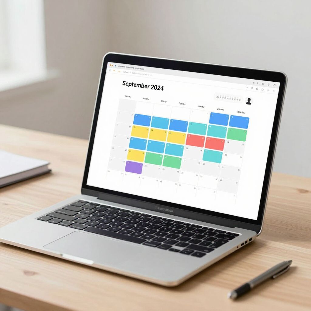 Laptop displaying a colorful calendar for September 2024, on a wooden desk.