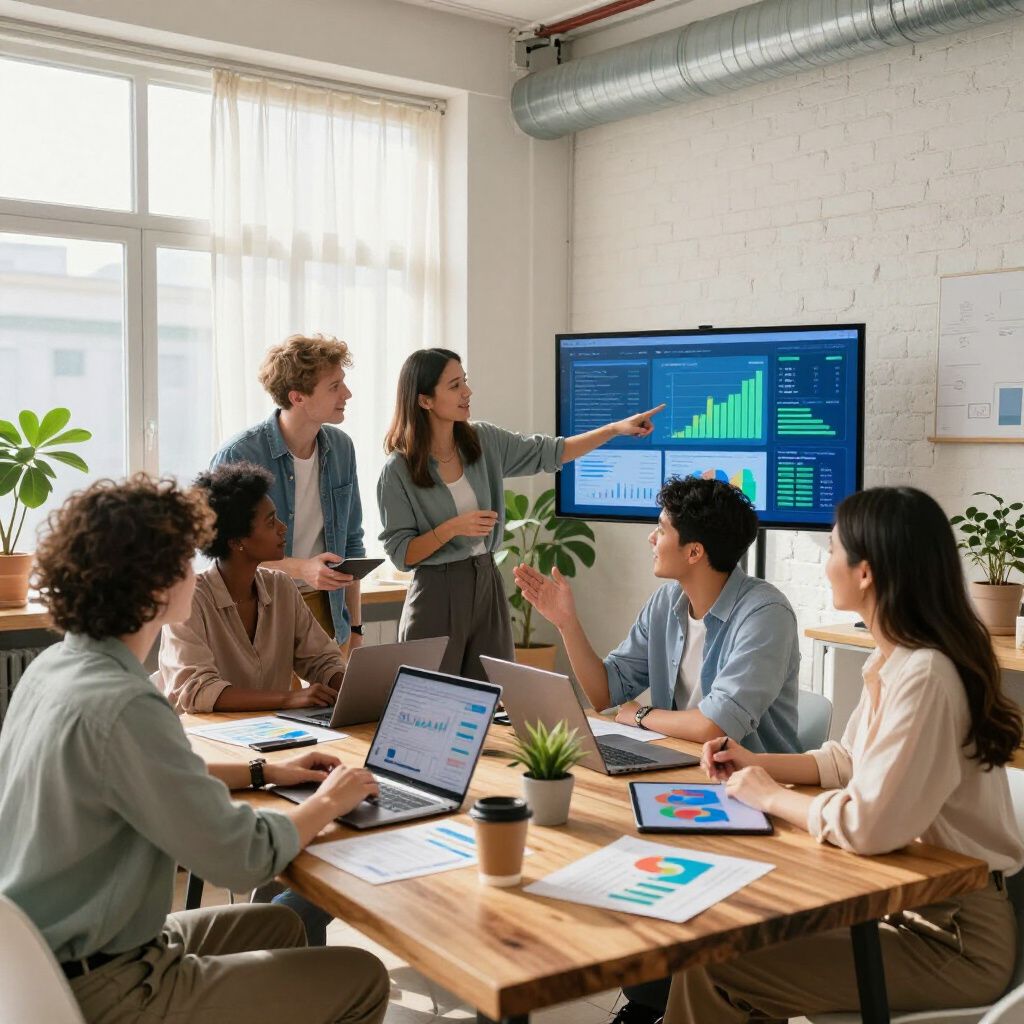 Team in a meeting, analyzing data on a screen, discussing strategy around a wooden table.