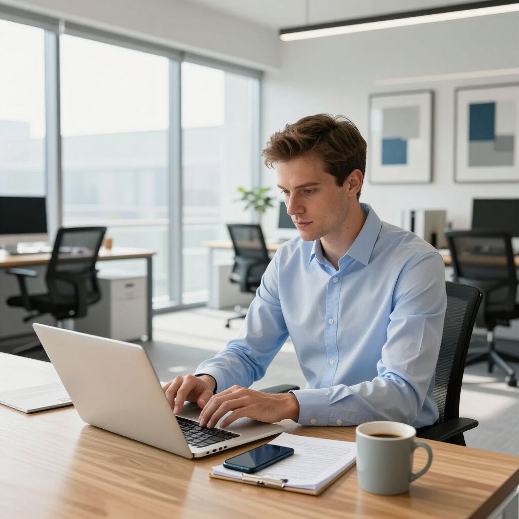 Man typing on a laptop at a desk in an office setting. A cup of coffee and phone are next to him.