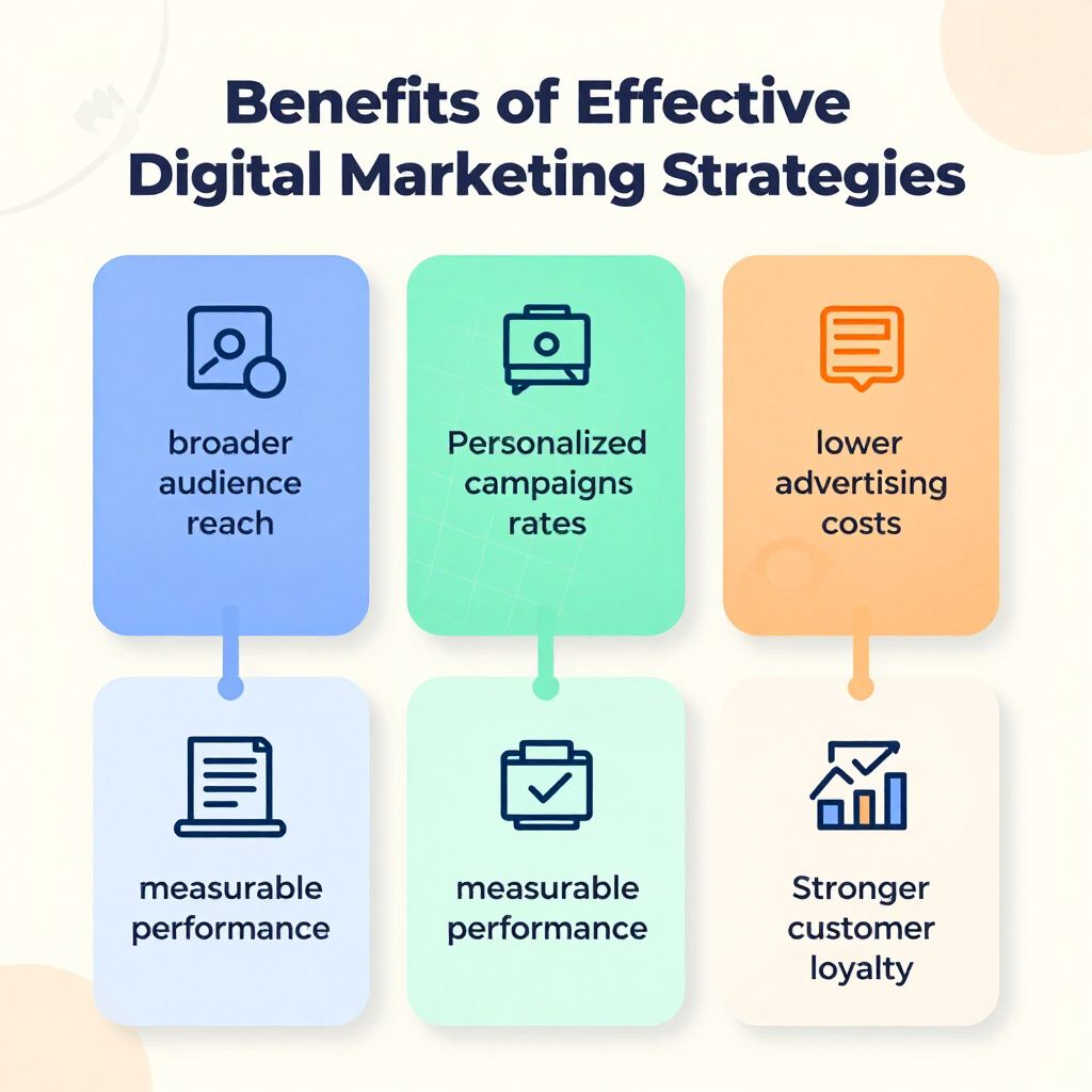 Infographic showing 6 benefits of digital marketing.