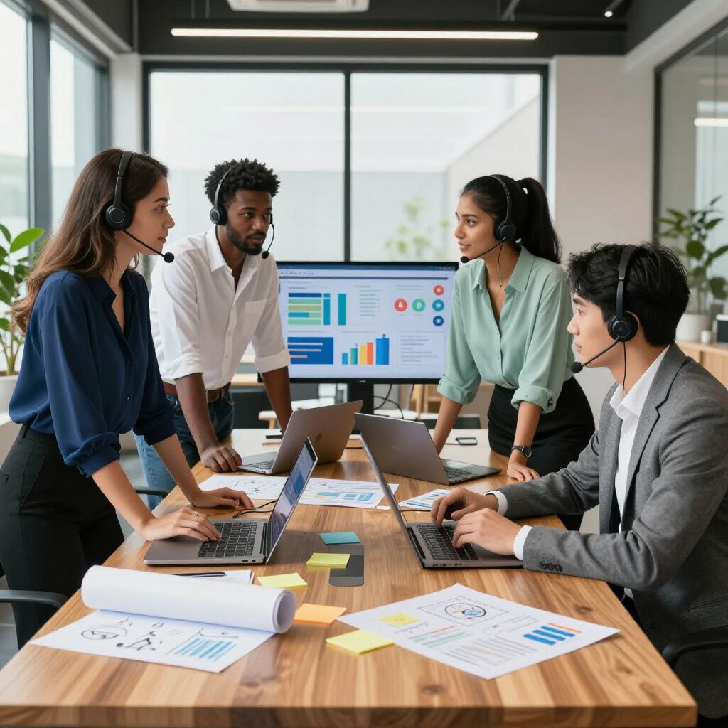 Team of four colleagues in office, wearing headsets, looking at computer screens, collaborating on data analysis.