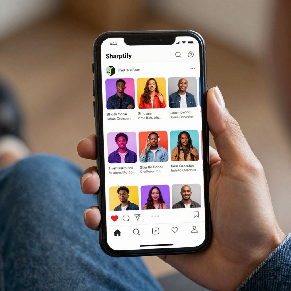 A person holding a phone with a social media app displaying profile photos on a grid layout.