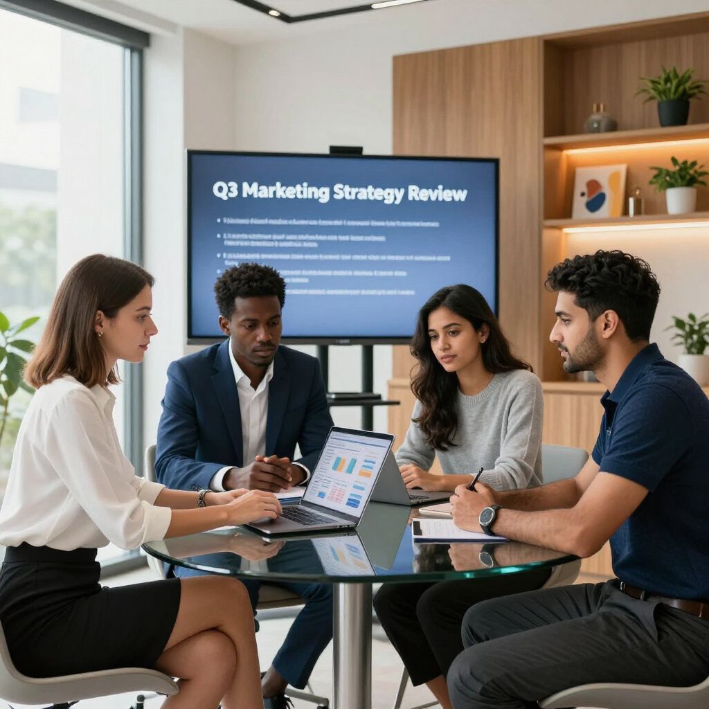 Business team reviewing Q3 marketing strategy in a modern office, using a laptop and a large screen.