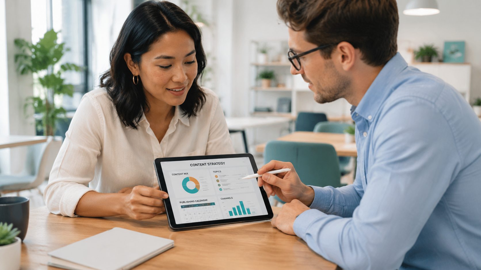 Two coworkers review a chart on a tablet at a desk in a bright office.