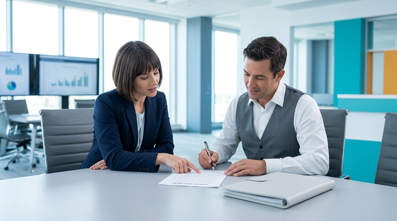 Two coworkers reviewing documents at a bright office desk, one writing while the other leans in.