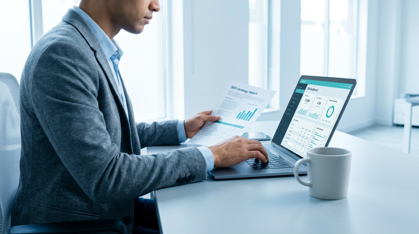 A person in a blazer working at a desk with a laptop displaying business analytics and a document in hand.
