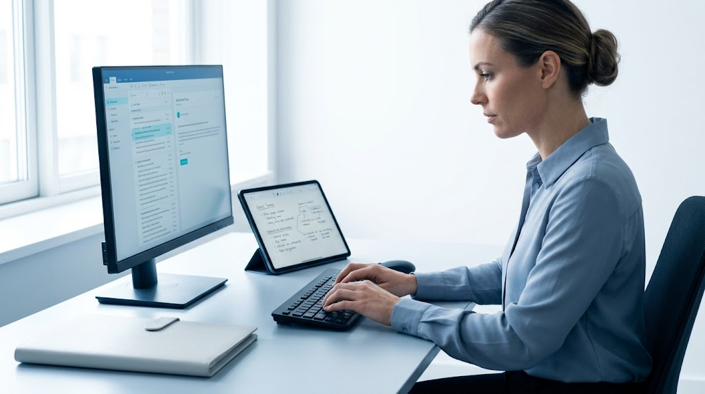 Woman typing at a desk with a monitor and tablet in a bright office