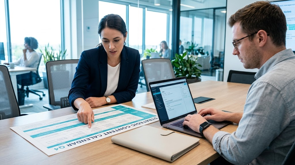 Two coworkers reviewing printed charts and a laptop in a glass-walled office conference room
