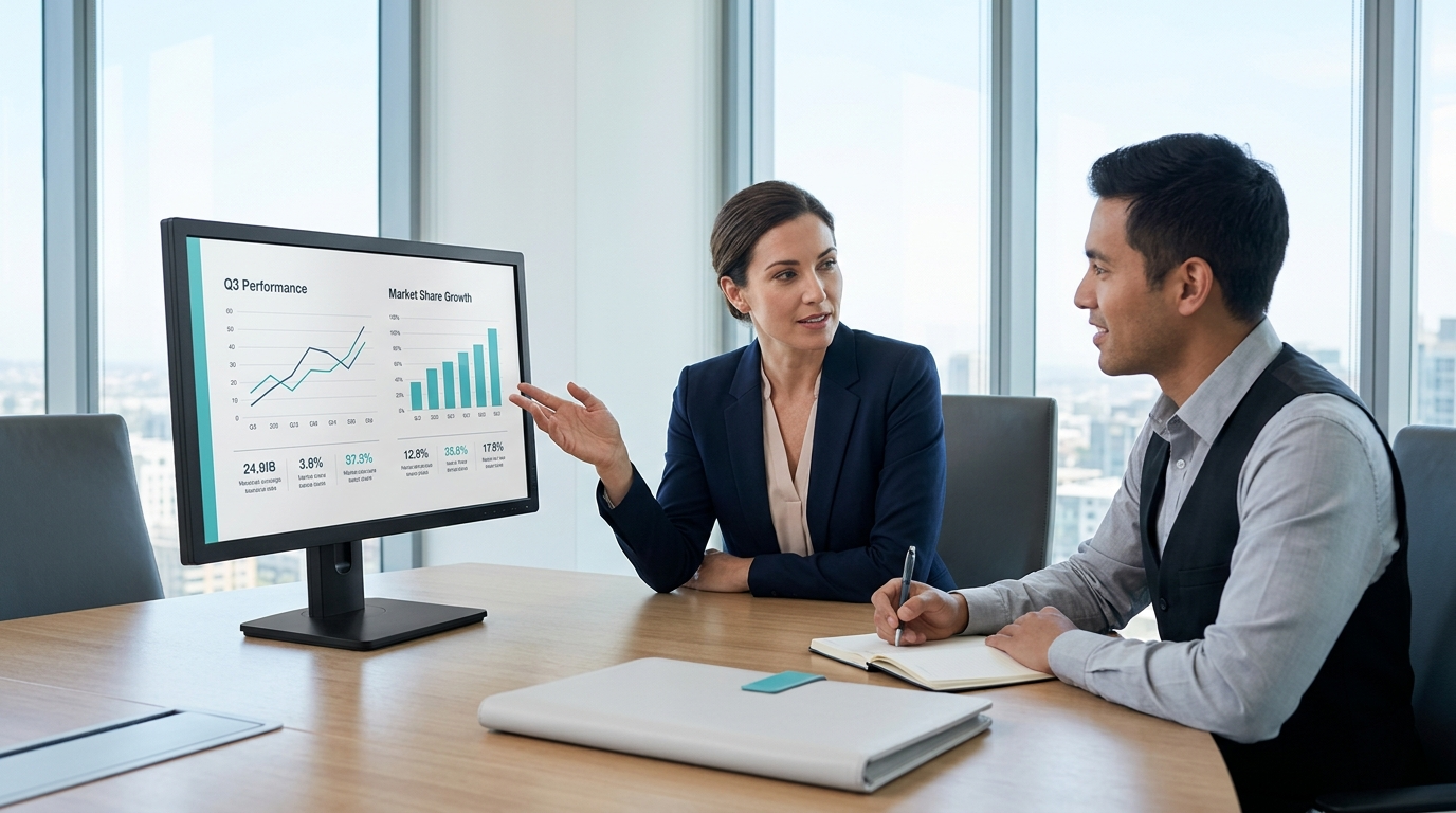 Two colleagues in a conference room discuss business performance metrics displayed on a computer monitor.