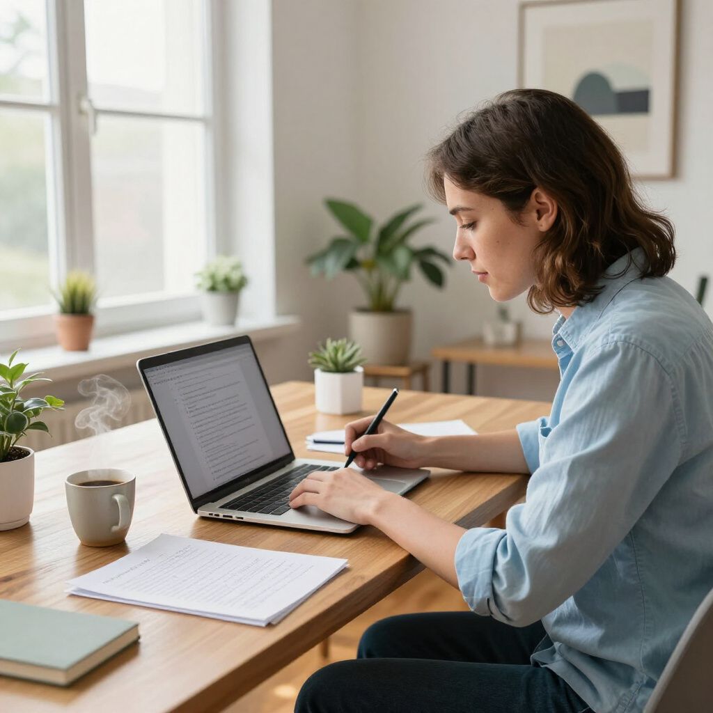 Woman writing at a wooden desk with a laptop, paper, and a coffee mug near a window with plants.