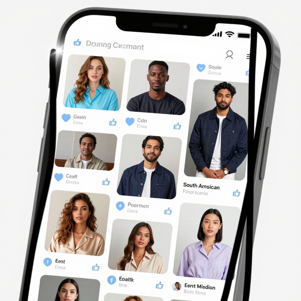 Smartphone displaying a dating app with nine profile photos, each with like/heart buttons.