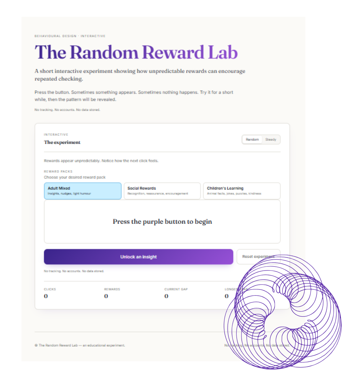 Webpage for “The Random Reward Lab” with a purple form and large circular line graphic