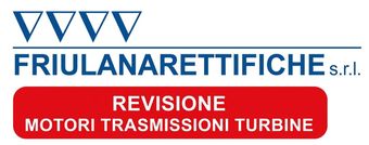 Logo per Friulanarettifiche srl con quattro triangoli blu, il nome dell'azienda e la scritta rossa 