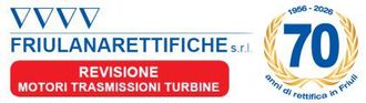Logo per Friulanarettifiche srl con quattro triangoli blu, il nome dell'azienda e la scritta rossa 
