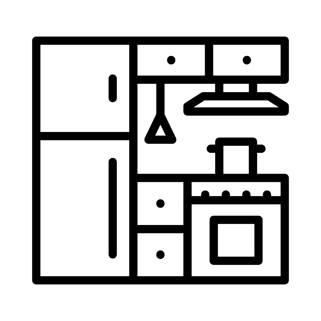 A kitchen icon with a refrigerator , stove , cabinets and a hood.